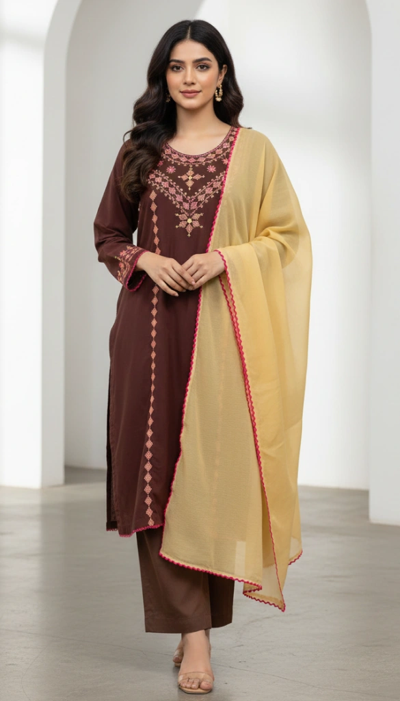 Kacha Tanka Embroidery Design Three Piece suit